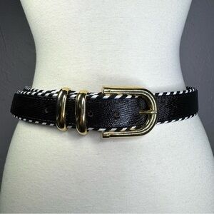 Vintage Sandy Duftler Designs Black and White Leather Belt Gold‎ Buckle Small